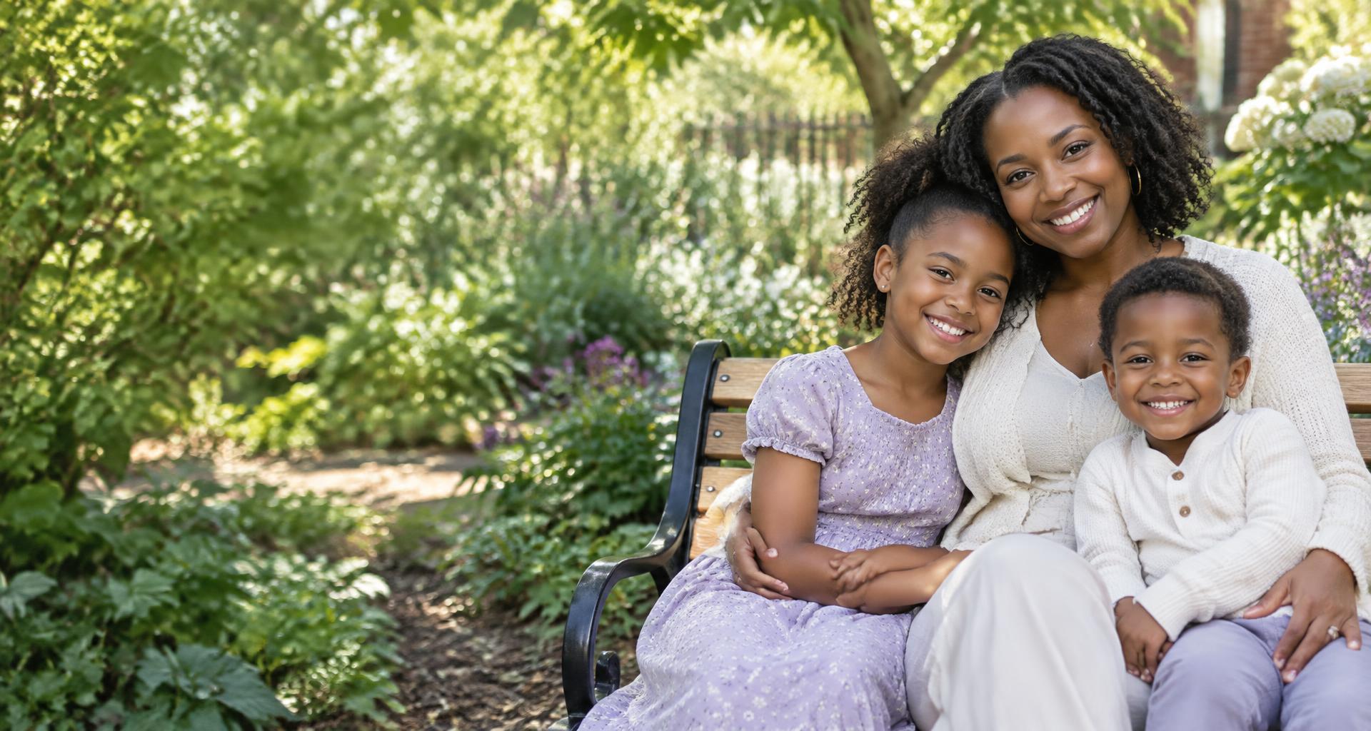 A mother and her children sharing a joyful moment outdoors